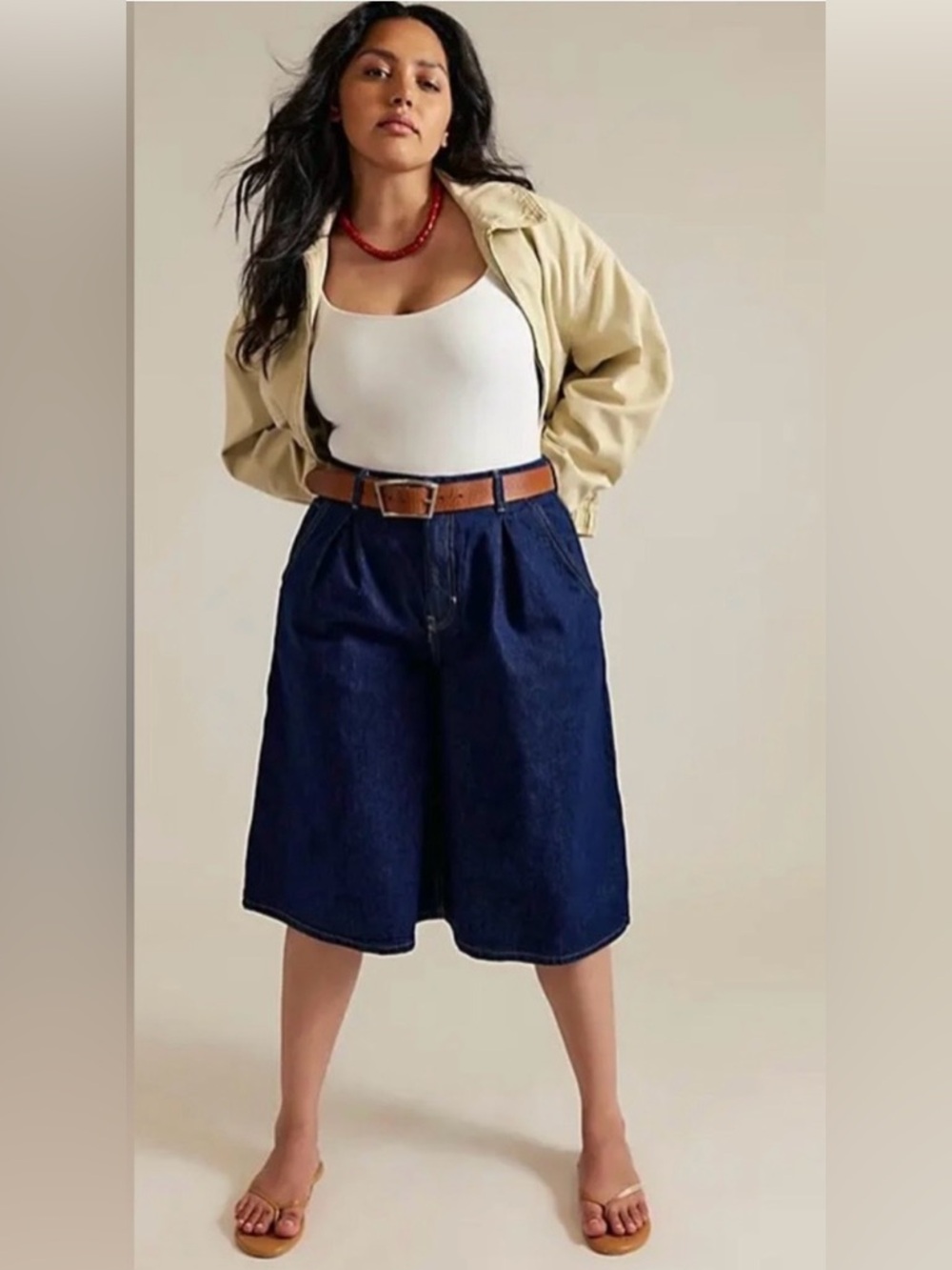 We The Free Dark Blue Denim Bermuda Shorts with High Waist